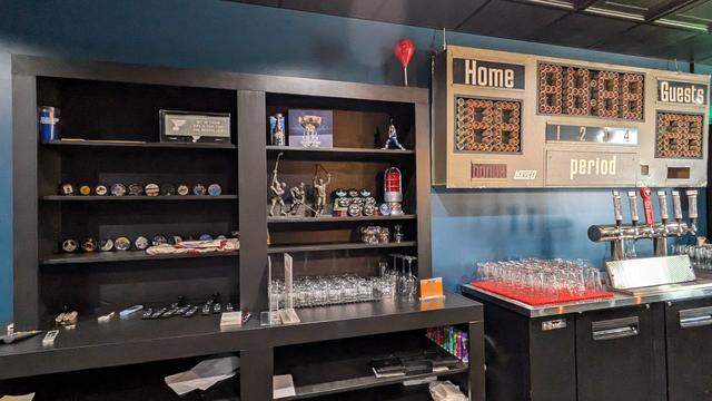 A display of hockey memorabilia at The Sports Page Lounge