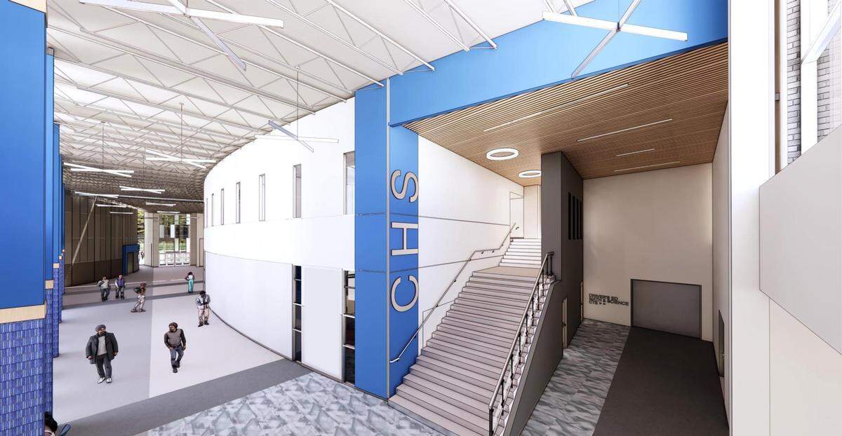 This rendering shows what the commons area of the new Cahokia High School will look like from the north entrance.