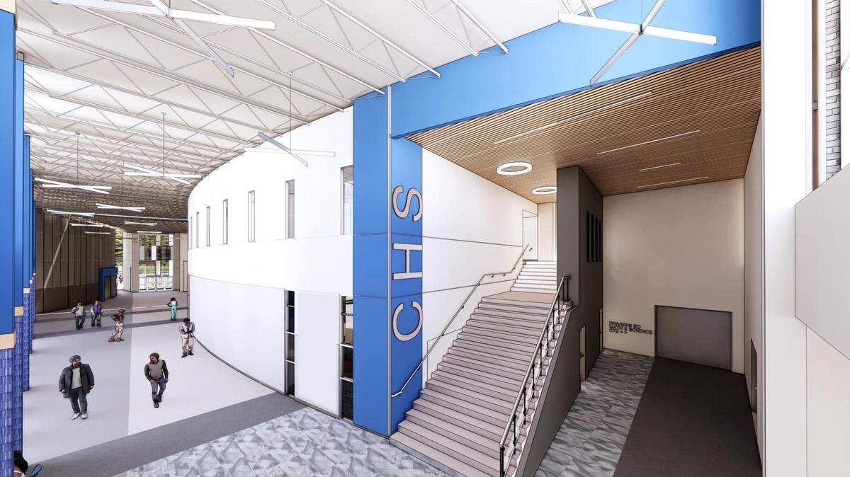 This rendering shows what the commons area of the new Cahokia High School will look like from the north entrance.