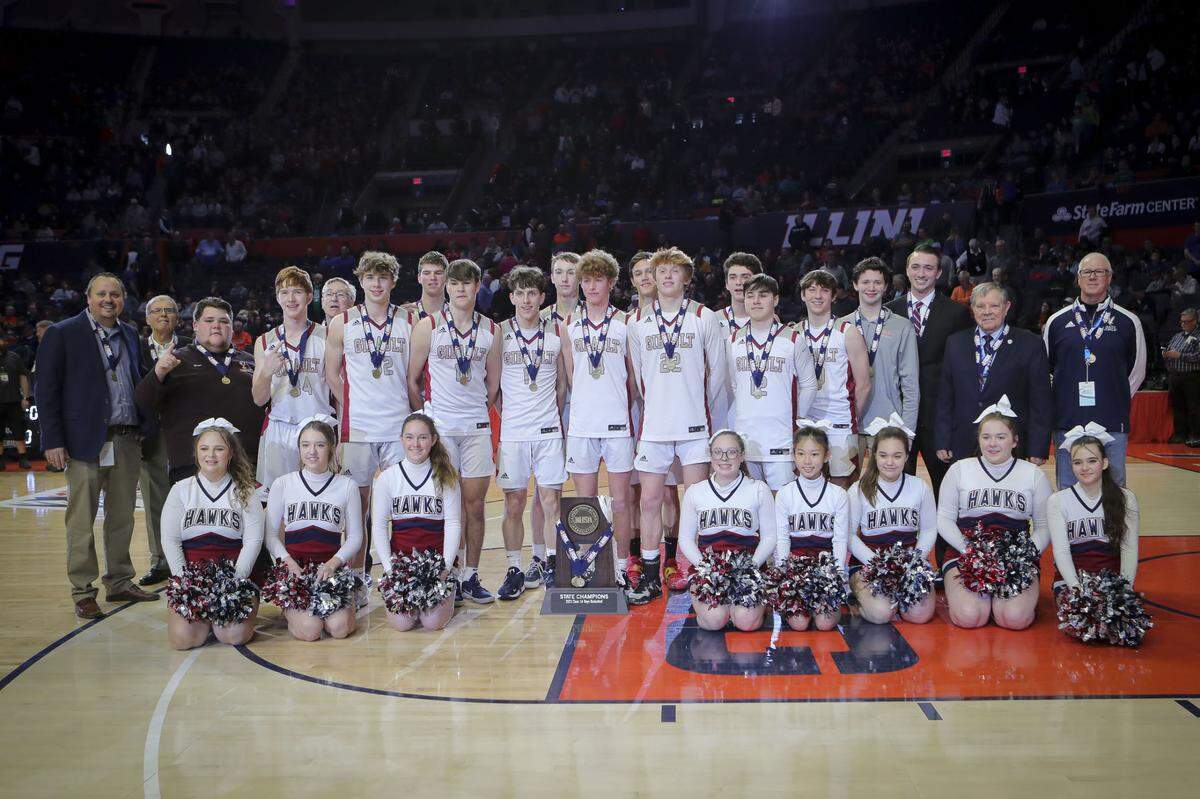 Gibault’s boys basketball state championship team after Saturday’s IHSA Class 1A state title game against Scales Mounds at State Farm Center on the campus of the University of Illinois. Gibault ultimately prevailed 65-45 to claim the state title.