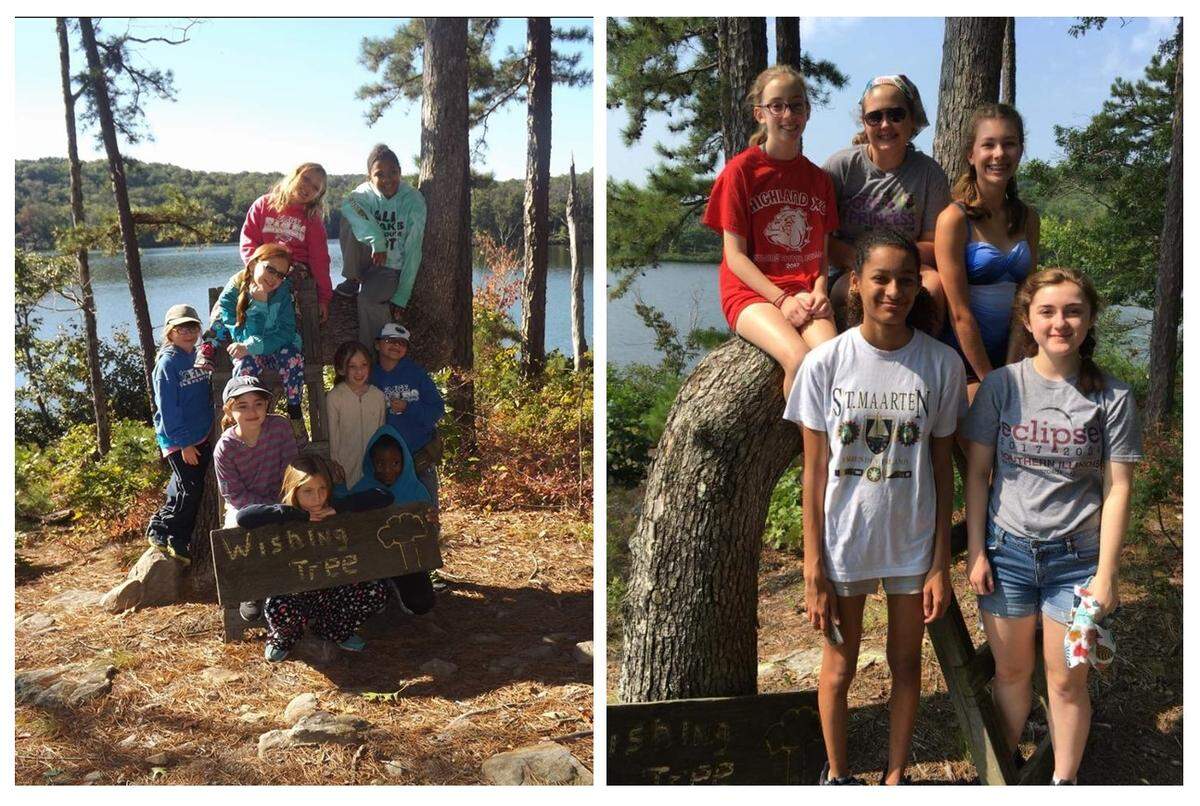 Girl Scouts in Belleville Troop 497 pose in front of The Wishing Tree, a landmark at Camp Butterfly near Farmington, Missouri, in the early 2010s and in October, their last visit.