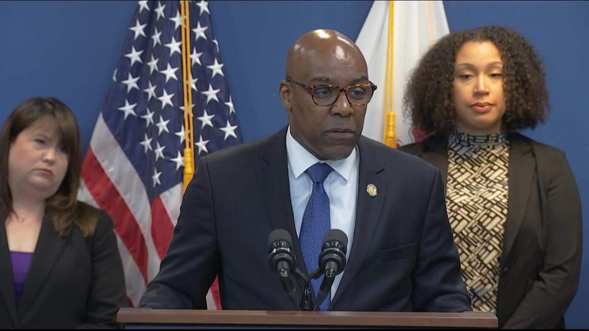 Illinois Attorney General Kwame Raoul listens to a reporter’s question after releasing a 700-page report on child sex abuse by Catholic clergy at a Chicago press conference that was live-streamed on Tuesday.