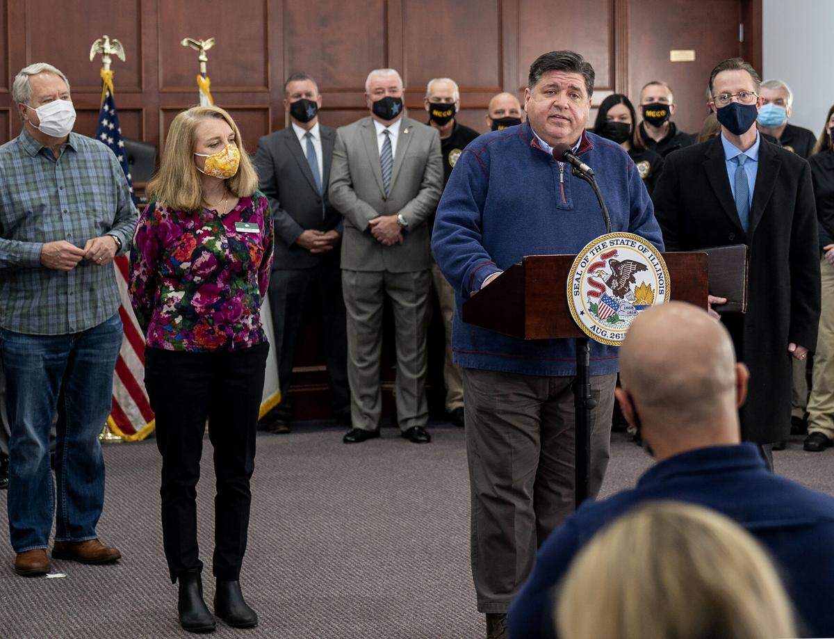 Illinois Gov. J.B Pritzker addresses the Amazon warehouse collapse in Edwardsville last December. Pritzker said he expects the General Assembly will advance legislation that updates state building codes to accommodate more frequent extreme weather.