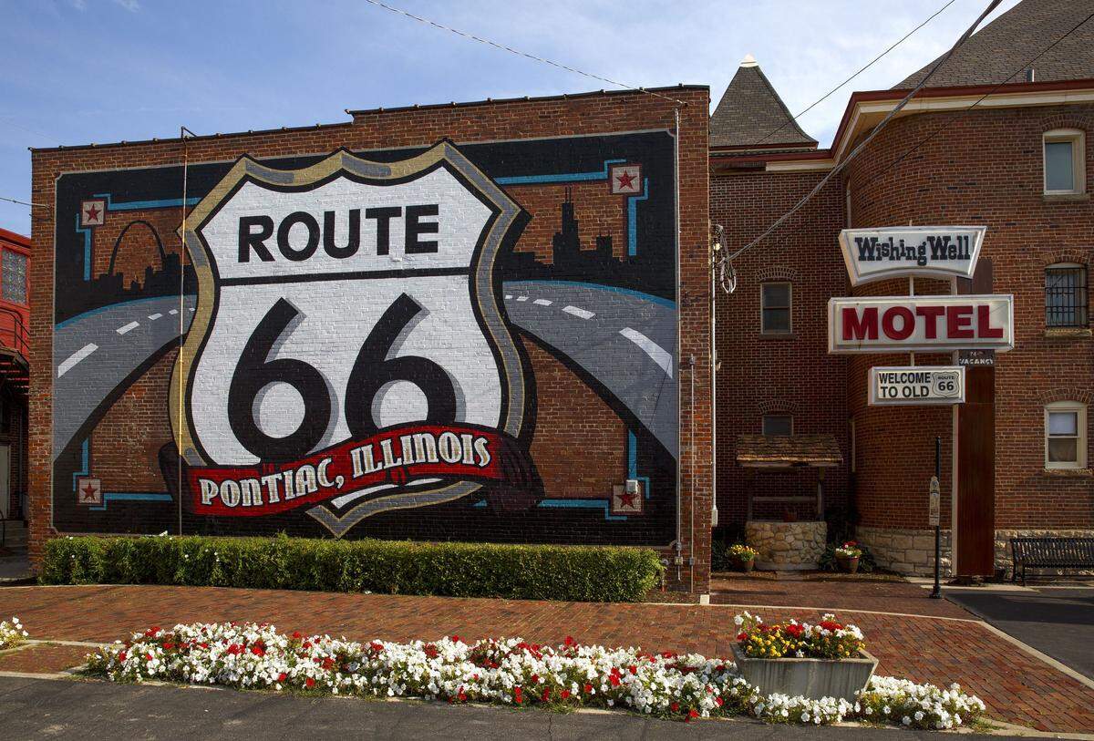 The Route 66 logo fills the wall at the rear of the Route 66 Hall of Fame & Museum in Pontiac.