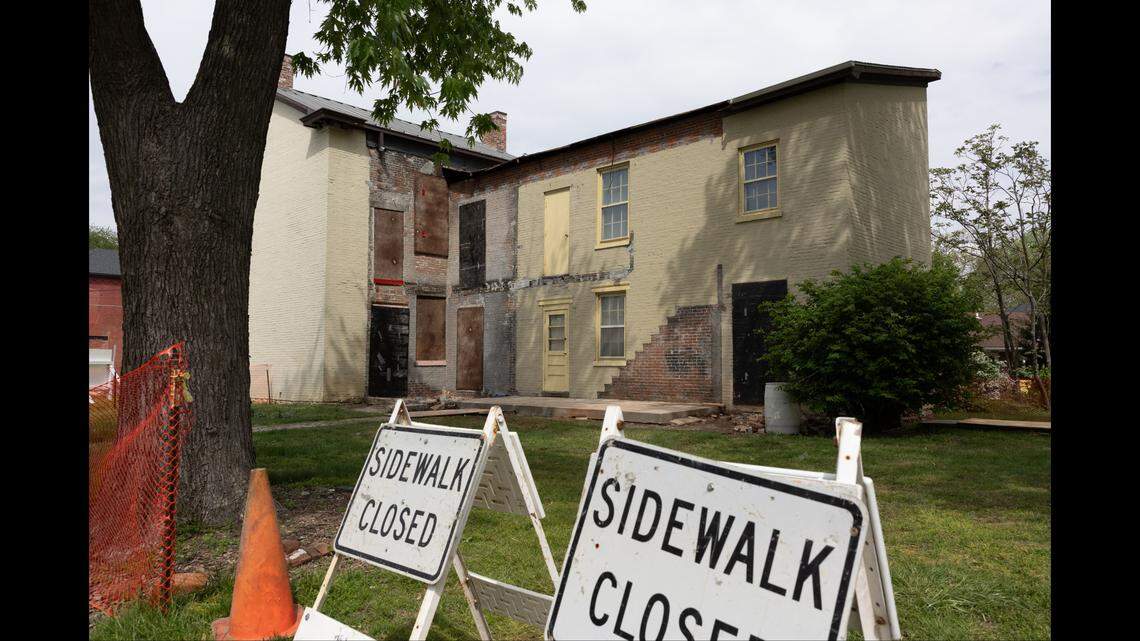 Contractors have removed a dilapidated two-story porch from the west side of the Gustave Koerner House at 200 Abend St. in Belleville, the lastest project in a 25-year restoration effort.