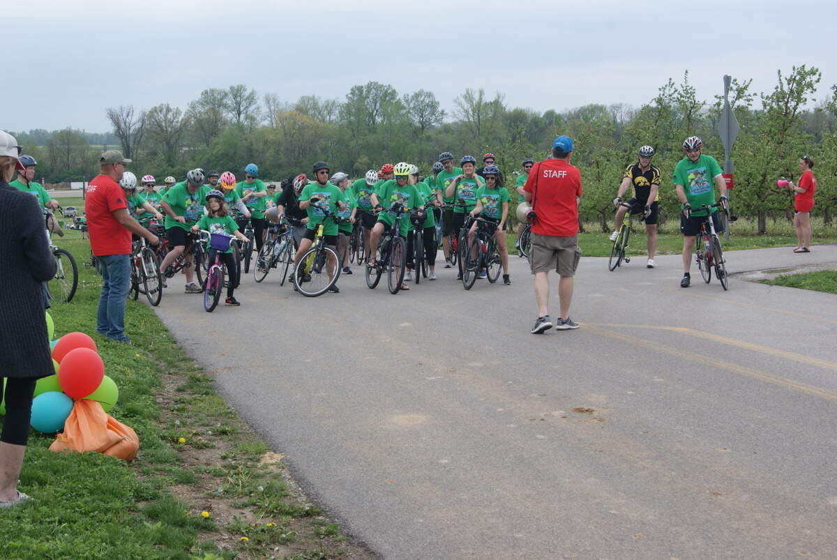 A group of riders wait at the start of the Tour de Belleville on Saturday at Eckert’s. The annual bike ride raises money for the Belleville Parks and Recreation Department.