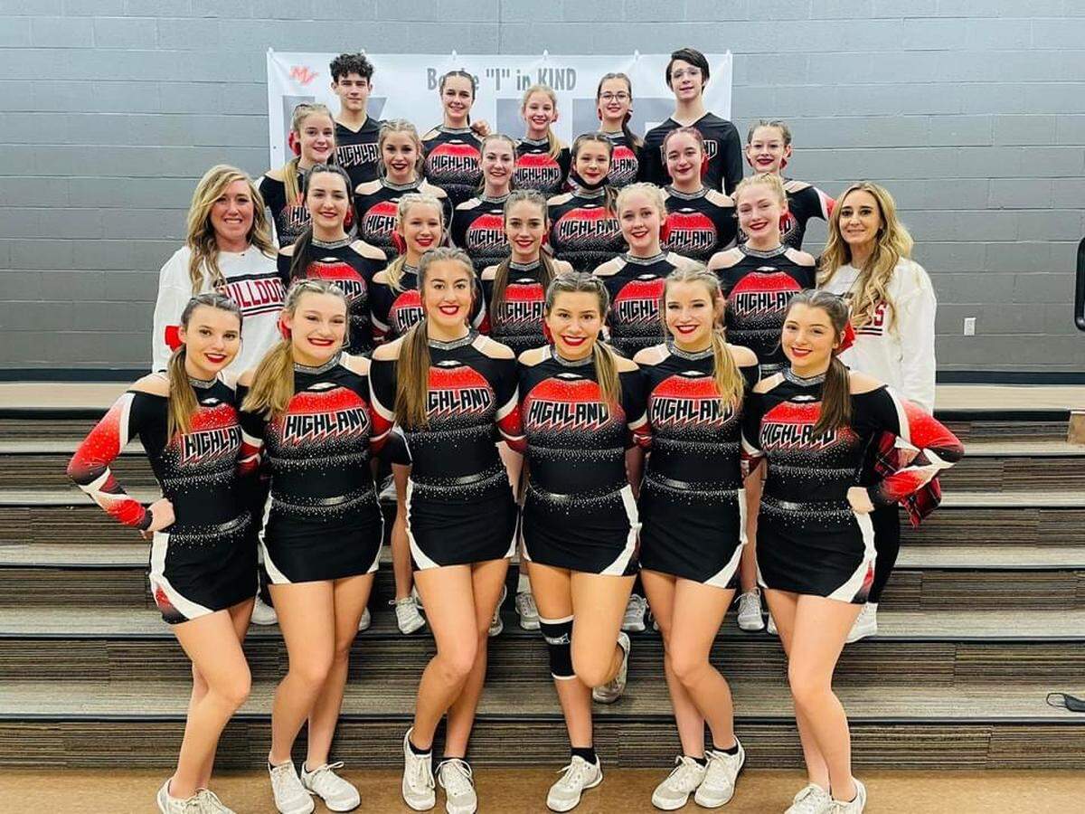 The Highland High School varsity cheerleaders are back and ready to compete in the 2021-22 season. They have new uniforms, are competing in a new division, and are ready for a new cheer season this year. The HHS varsity cheer team competed in their first competition for the 2021-22 season Sunday, Dec. 5, in Mount Vernon, capturing first place.