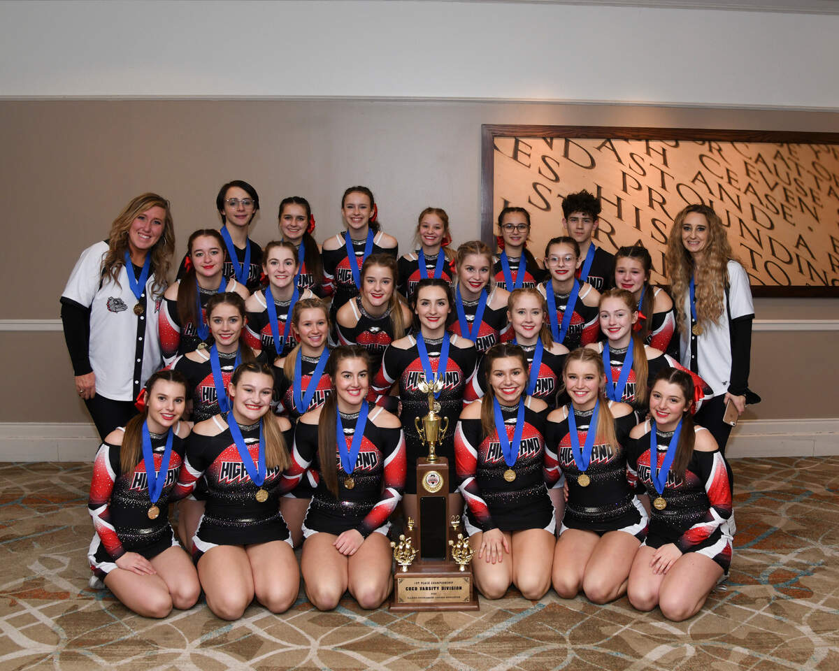 The Highland varsity cheerleaders captured the Coed Championship at the Illinois Cheerleading Coaches Association Championship Competition in Springfield on Saturday, Jan. 8. Team memebrs include, first row, from left, Mya Iberg, Allison Reiling, Brittani Wellen, Rhea Fowler, Kady Shaw and Morgan Flesch; second row, Kyleigh Buchen, Avery Miles, Carolynn Parsons, Morgan Friesner and Riley Mansholt; third row, coach Tess Chlibec, Ava Allen, Chloe McTeer, Lexie Fears, Kara Shaw, Ava Lercher, Sophia Thomas and coach Angie Fears; fourth row, Collin Heldenbrand, Avery Starwalt, Meaghan Wieseman, Rylee Thole, Emma Ethridge and Cole Parsons