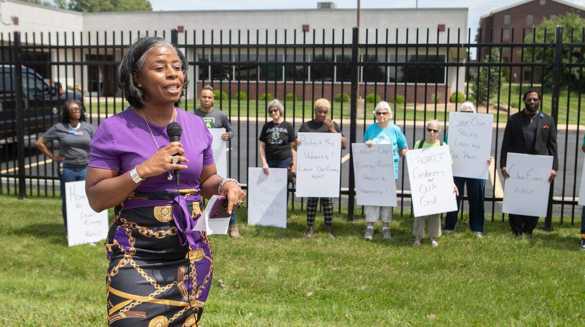 Wyvetta Granger, from New Life Community Church in East St. Louis, talks about the choices people are facing with rising electric bills, food costs and other expenses. Granger spoke during a rally outside of Ameren Illinois in Collinsville, which called on the company to help customers as electricity costs increase.