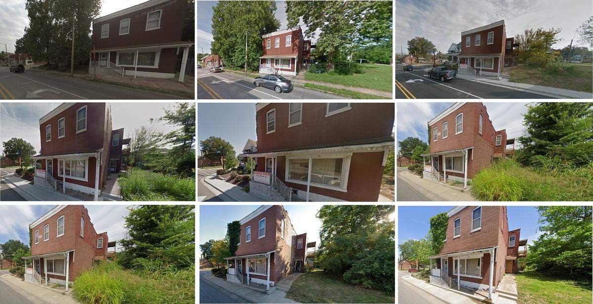 These images show subtle changes in the condition of a vacant two-story brick building at 520 N. Illinois St. in Belleville. They start in 2007 (left to right, top to bottom) and continue in 2013, 2016, 2017, 2018, 2019, 2021, 2022 and 2023.