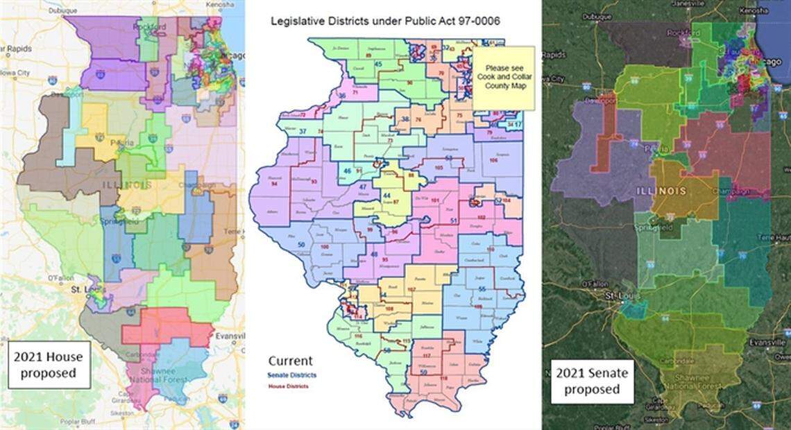 The proposed House (left) and Senate (right) legislative maps for 2021 that were released by Democrats Friday are pictured next to the current legislative maps (center). Lawmakers will hold public hearings on the maps this week.