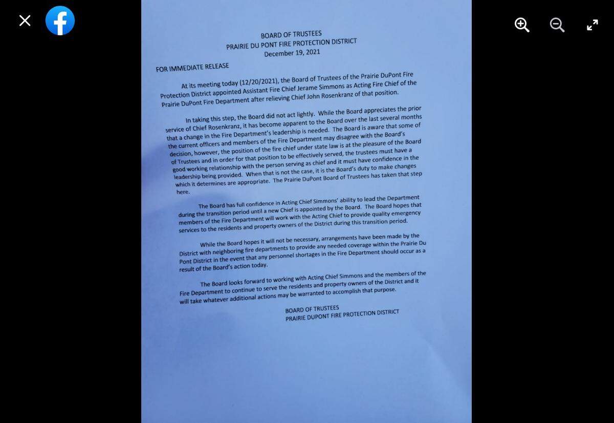 The Prairie Du Pont Fire District Board of Trustees released this statement to explain why its three members voted to replace Fire Chief John Rosenkranz with Jerame Simmons as acting chief.