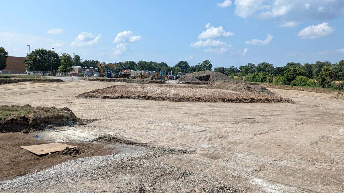 Work has started at the future site of Plaza Tire Service on Belleville Crossing Street.