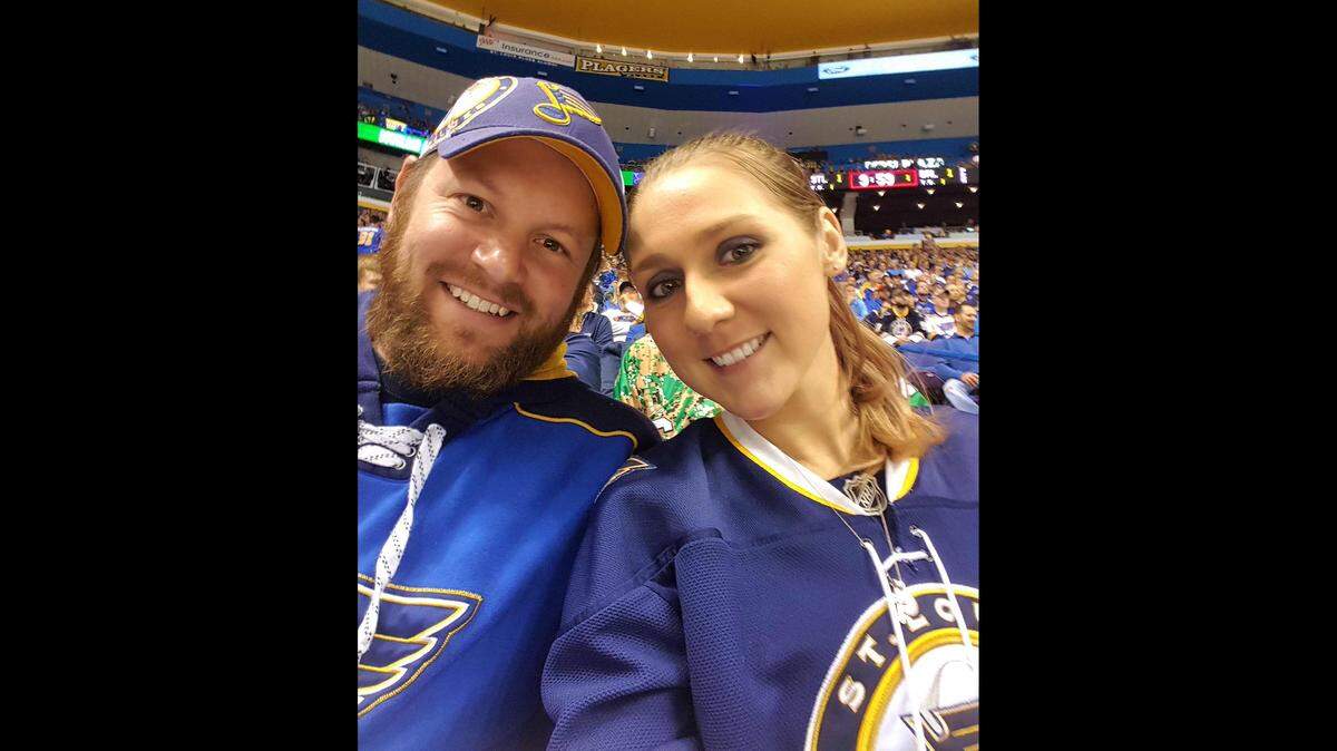 Alex and Stephanie Stroh pose for a selfie at a St. Louis Blues game against the Dallas Stars on May 3, 2016.