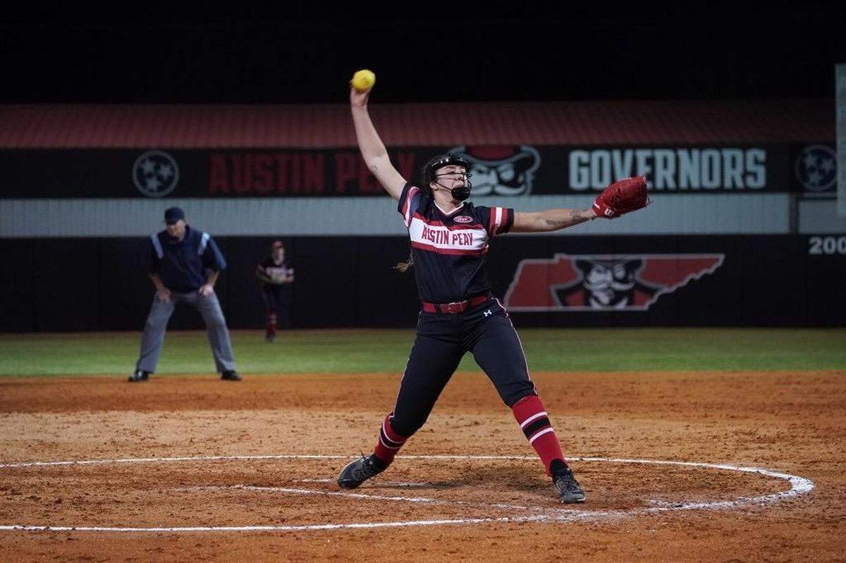 Highland High School graduate and current Austin Peay pitcher Sam Miener delivers a pitch during the 2022 season. Miener finished her freshman campaign with a 5-8 mark in 13 starts this spring for the Governors.