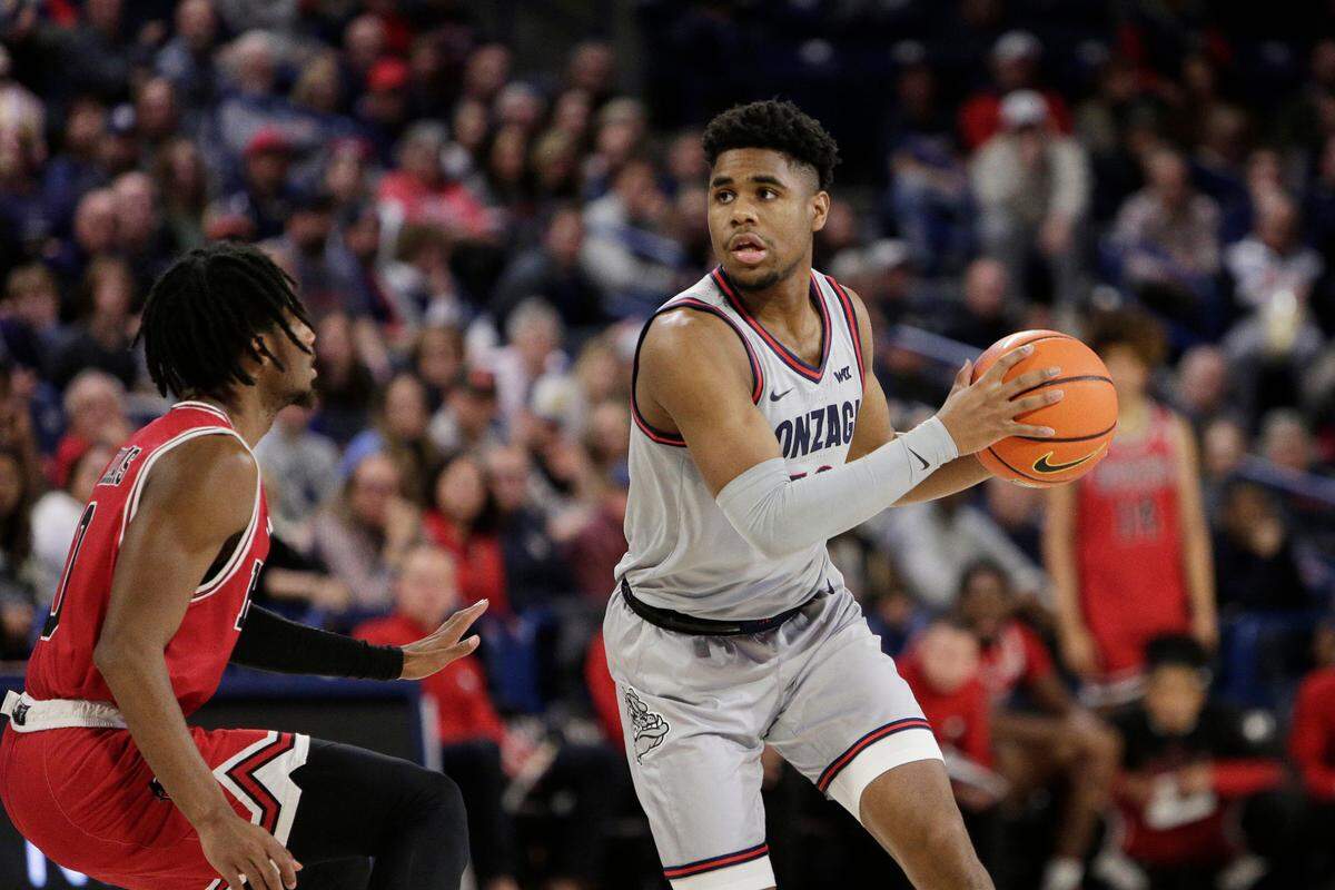 Gonzaga guard Malachi Smith, right, controls the ball while defended by Northern Illinois guard Keshawn Williams during the second half of an NCAA college basketball game, Monday, Dec. 12, 2022, in Spokane, Wash. (AP Photo/Young Kwak)