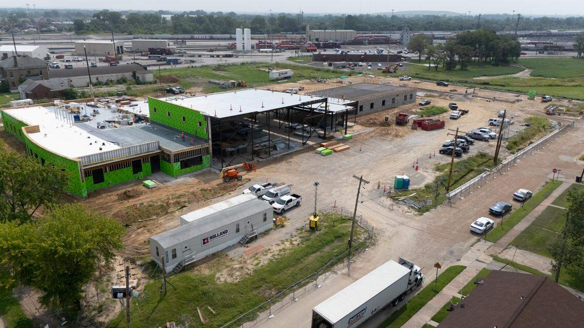 The scene of construction on a new elementary school in Venice, Ill., on July 26, 2024.