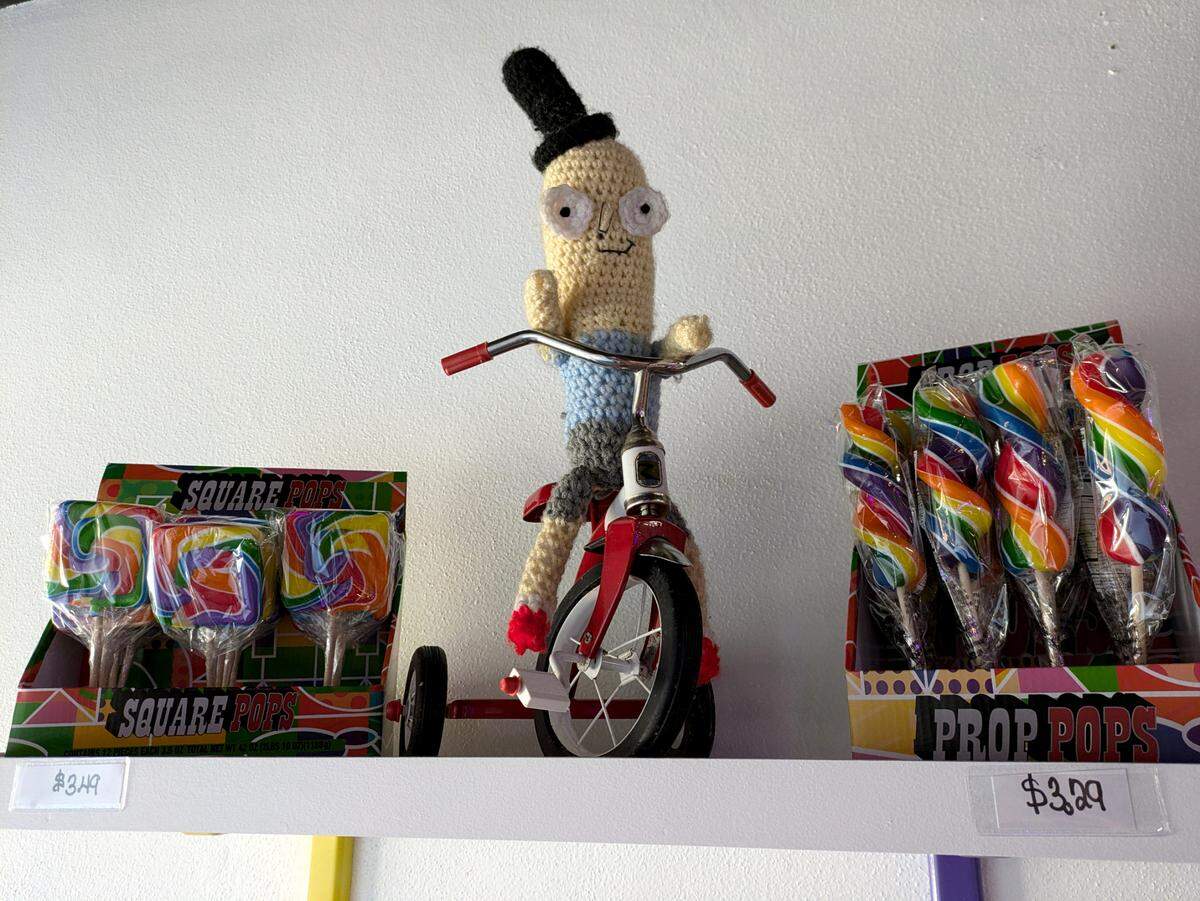 Fun lollipops and a crocheted Ricky and Morty character