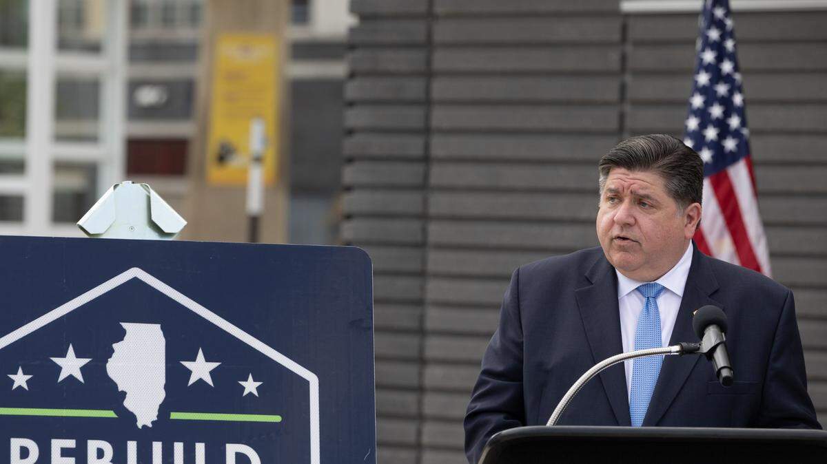 Illinois Gov. J.B. Pritzker speaks at a news conference and groundbreaking ceremony for a new public safety building in East St. Louis’s Emerson Metrolink station on July 11, 2024.