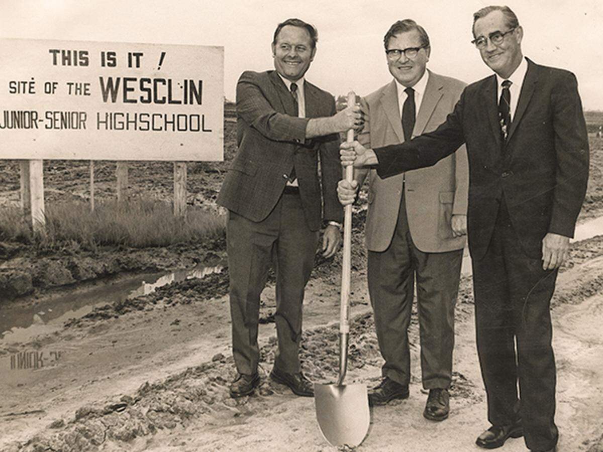 Ralph Korte, left, of Ralph Korte Construction Co. in Highland, is shown with other officials at the groundbreaking for Wesclin Junior-Senior High School in Trenton in the early 1970s.