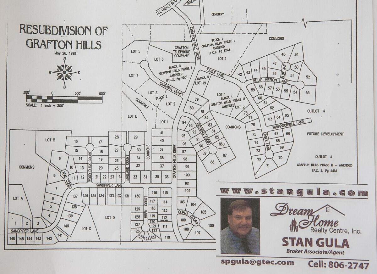 This map shows the 146 residential lots in Grafton Hills subdivision, where an elementary school and park also are located. Each lot is about 1/3 acre. Most streets are named after birds.