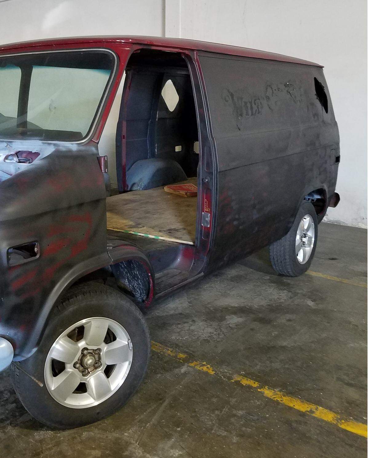 The Wild Cherry van has been impounded by the Los Angeles County Sheriff’s Department since it was found along a California road Oct. 23. It has been painted black and stripped.