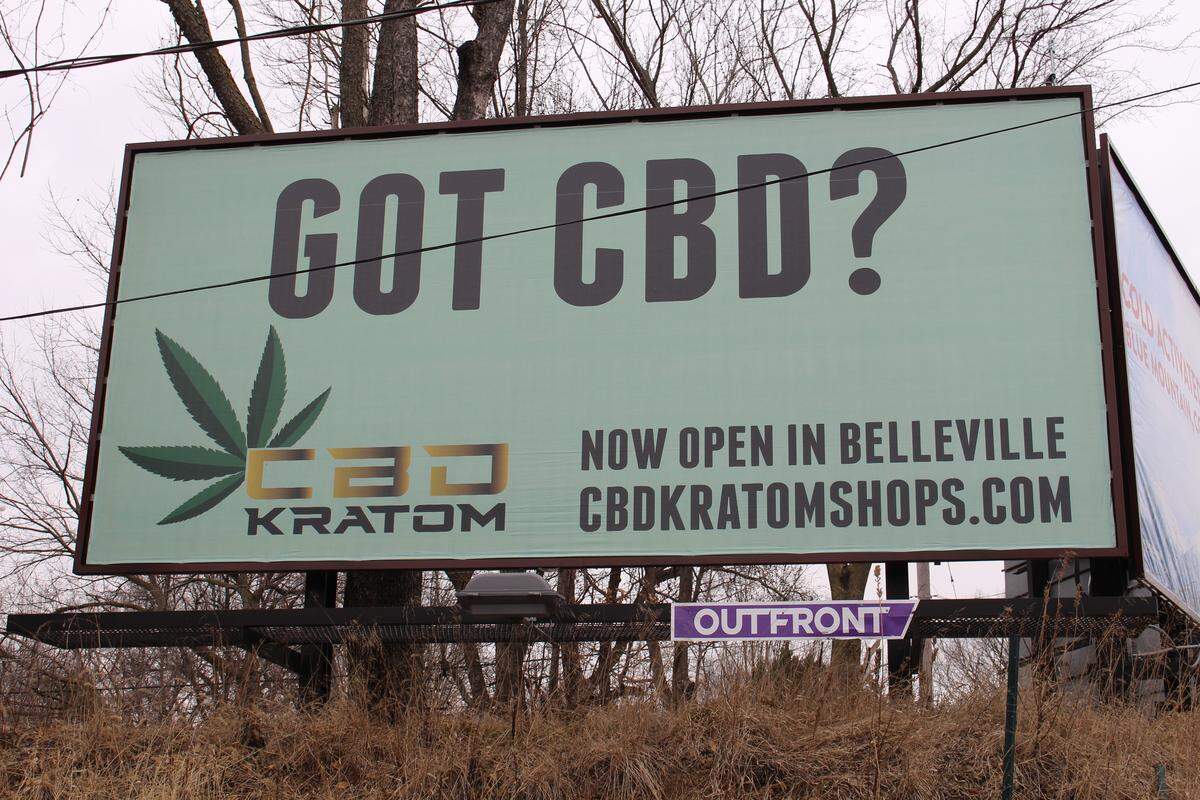 The owners of CBD Kratom stores are advertising on more than 25 billboards in Missouri and Illinois. This one is near the intersection of Illinois 15 and 158.