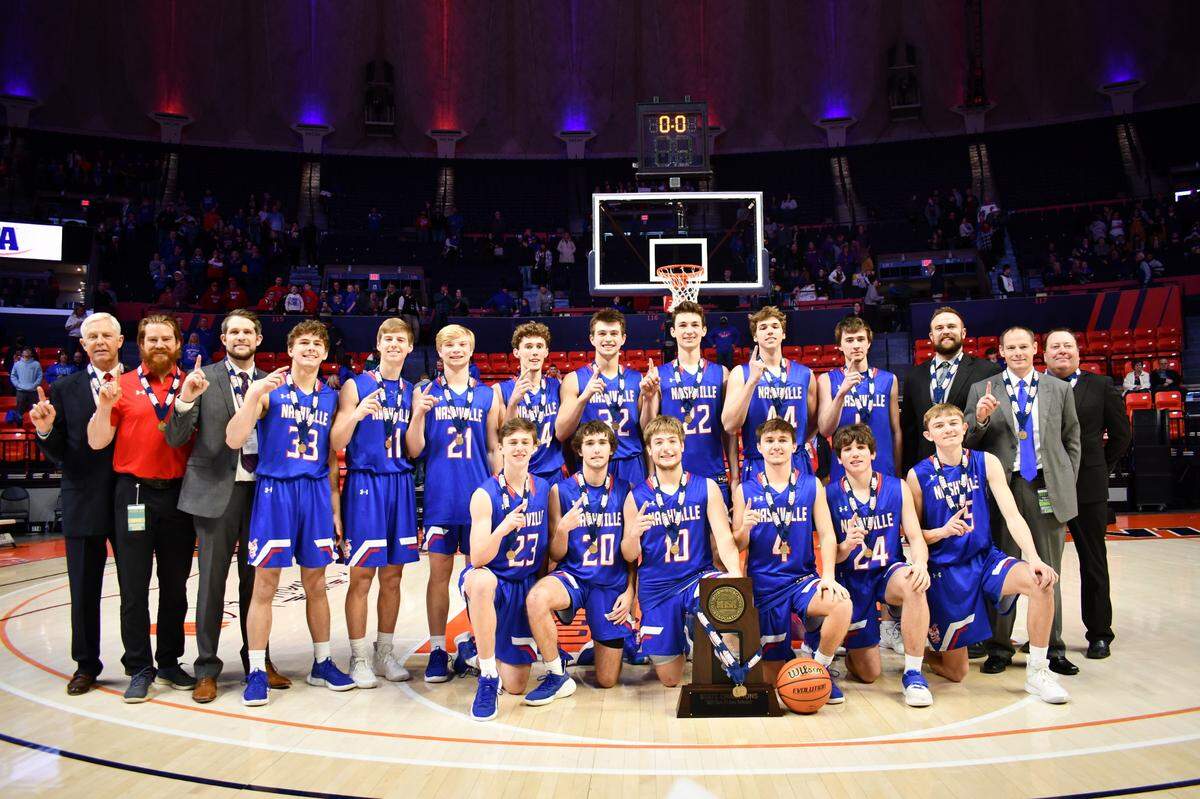 The Nashville High School boys basketball team is pictured after capturing the IHSA Class 2A state championship. For their tremendous 2021-22 season, the Hornets are the winner of the Belleville News-Democrat’s Boys Team of the Year high school basketball poll, as selected by readers of bnd.com.