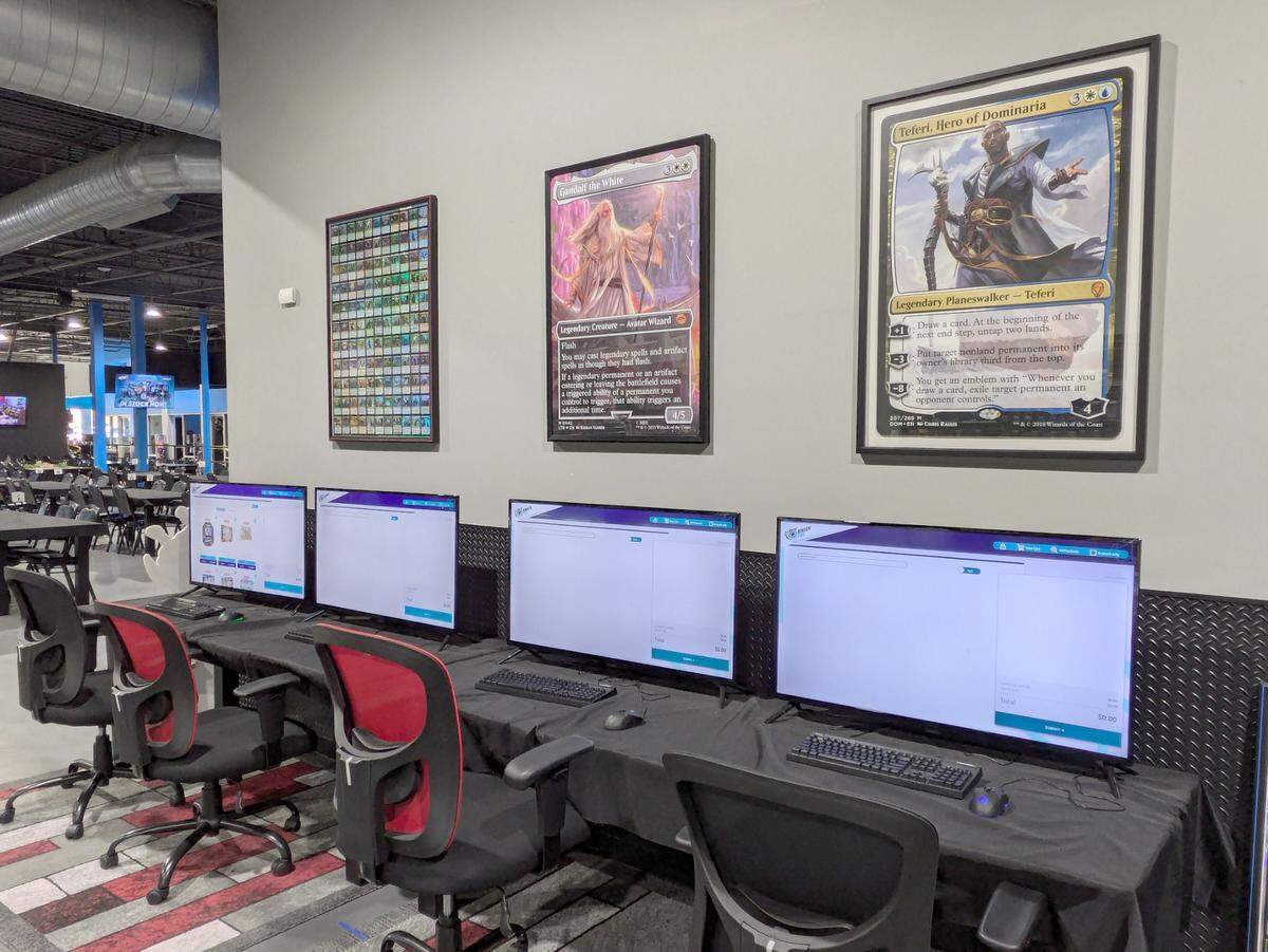 Search trading cards and other items and place orders at the kiosks.