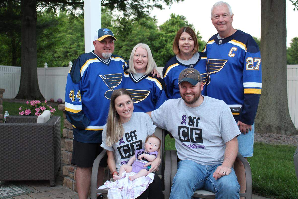 Stroh family members include, front row left to right, Stephanie, baby Delaney and Stephanie’s husband, Alex; and back row, Rob, his fiance, Mo (Wilkerson), Gina and her husband, Paul.