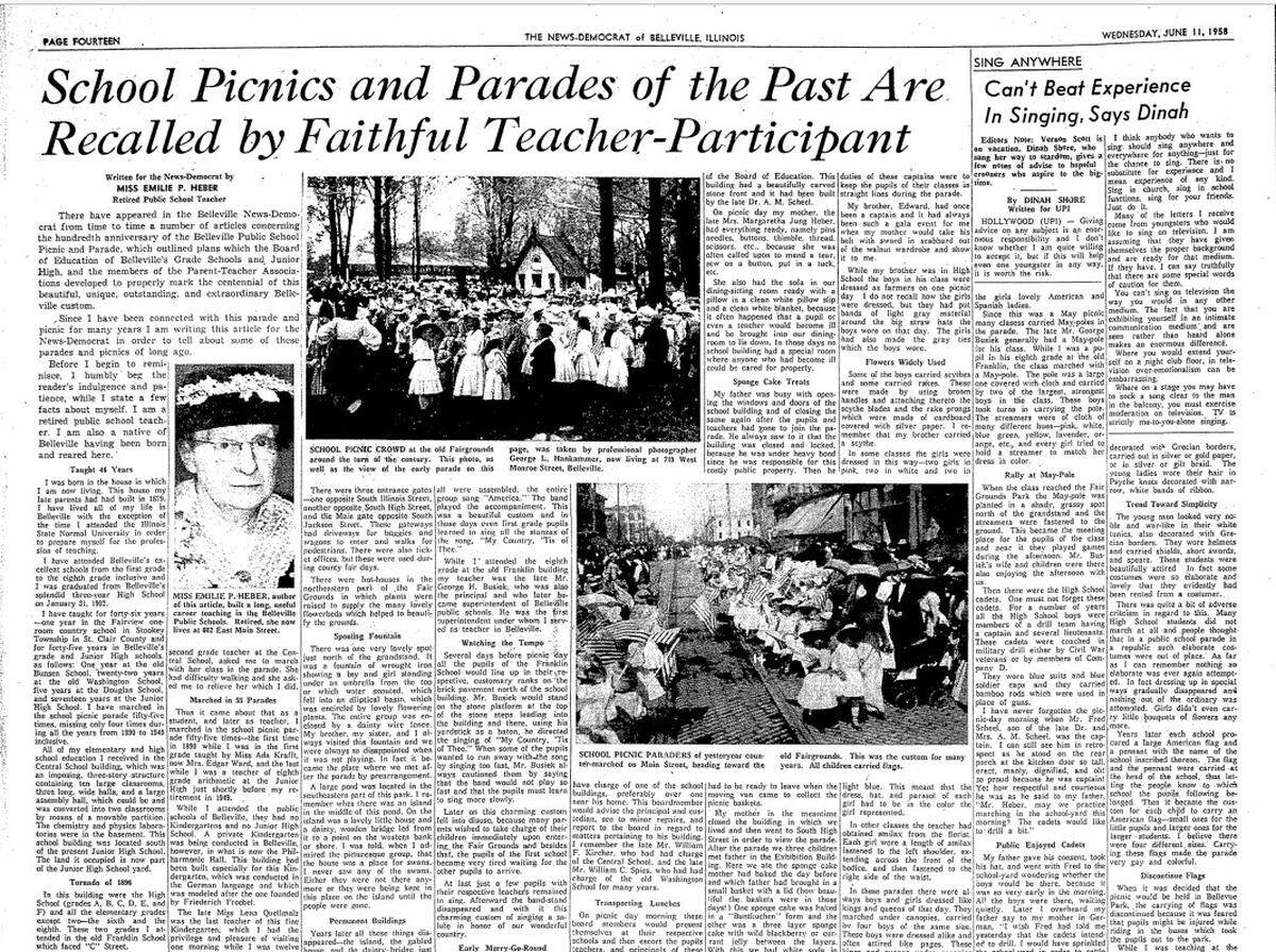 Emilie Heber, pictured at left, wrote this column about school picnics and parades of the past for the Belleville News-Democrat in 1958. By that time, she was a retired schoolteacher.