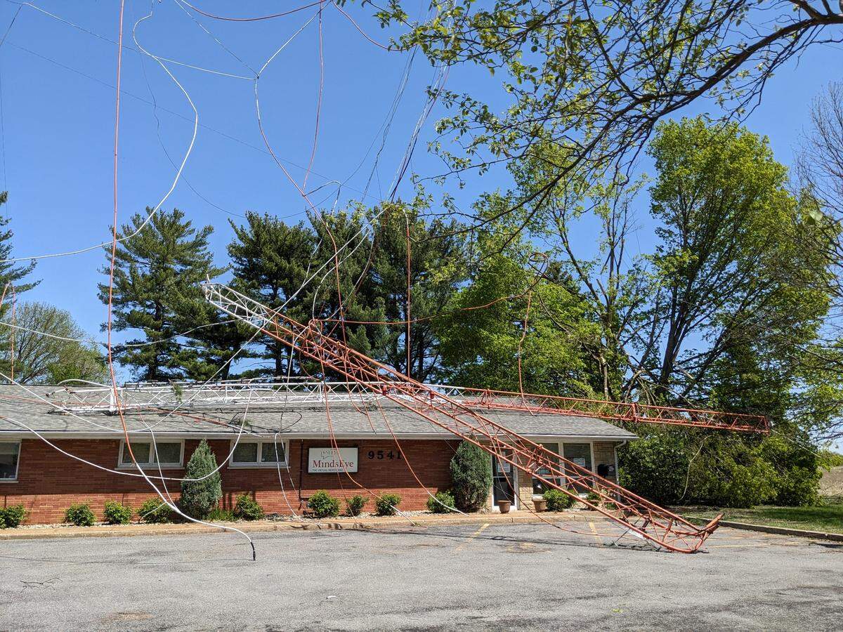 Belleville-based nonprofit MindsEye seeks community support following damage due to the storms that came through the metro-east Saturday, April 15. An adjacent radio tower experienced some significant damage resulting in multiple pieces strewn across MindsEye’s office building.