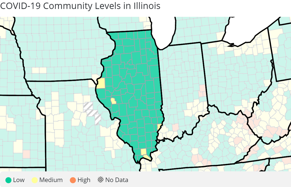 The U.S. Centers for Disease Control and Prevention rated five Illinois counties at medium COVID-19 community levels in the latest update.
