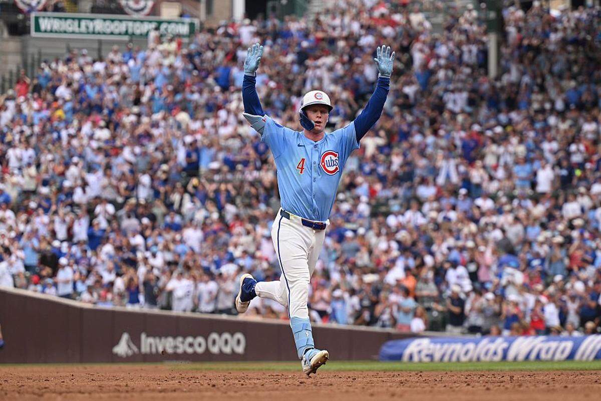 CHICAGO, ILLINOIS - JULY 04: Pete Crow-Armstrong #4 of the Chicago Cubs rounds the bases celebrating his second solo home run against the St. Louis Cardinals during the third inning at Wrigley Field on July 04, 2025 in Chicago, Illinois. (Photo by Daniel Bartel/Getty Images)