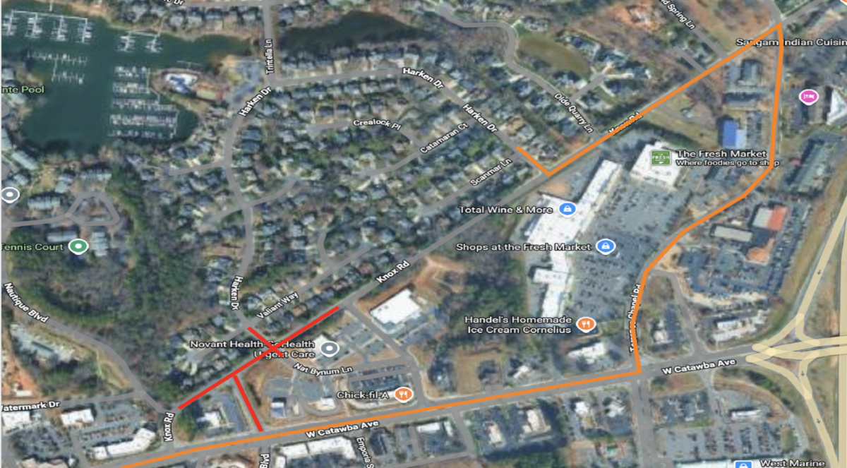 The phase one detour (orange) will send drivers on a longer route to reach Blue Stone Harbor, avoiding the road closures for construction (red).