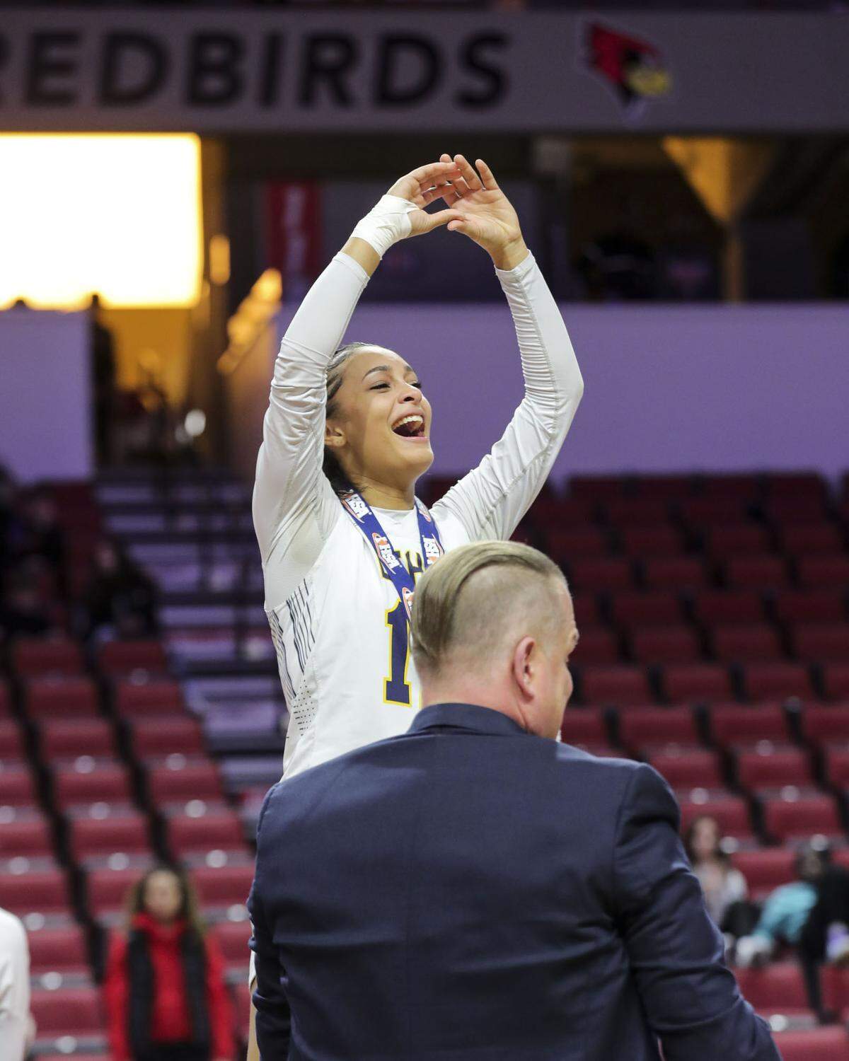 O’Fallon’s Malia Robertson during the awards ceremony after Saturday’s IHSA Class 4A state championship game against Lisle Benet Academy at CEFCU Arena (formerly Redbird Arena) on the campus of Illinois State University. O’Fallon ultimately prevailed 62-57 to claim the state title.