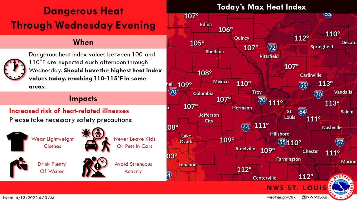 The National Weather Service has issued an excessive heat warning for the metro-east that began at 11 a.m. Monday and continues through 8 p.m. Wednesday.