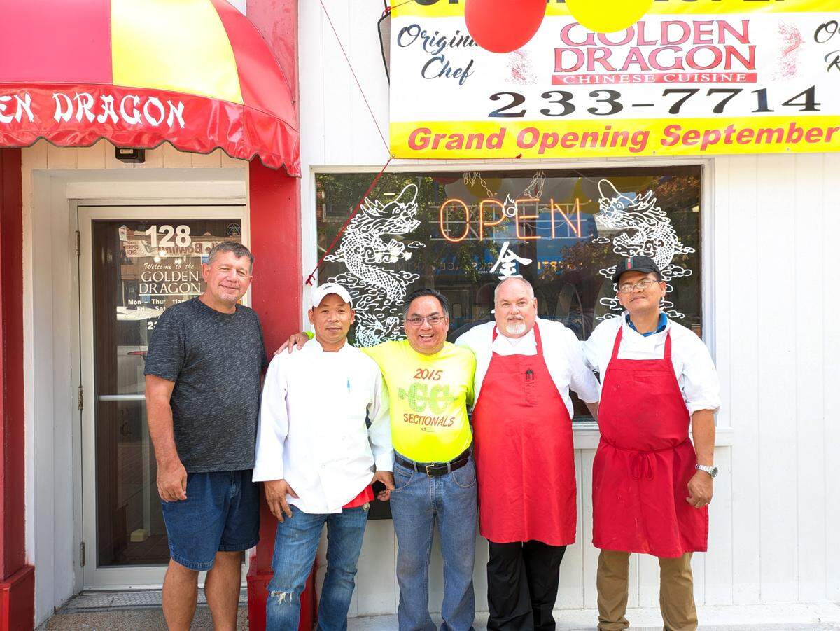 The crew at downtown Belleville’s Golden Dragon. Pictured left to right: Greg Touchette, co-owner Han Bui, former owner Truc Truong, Tom Ball, and co-owner and original chef Dat Nguyen