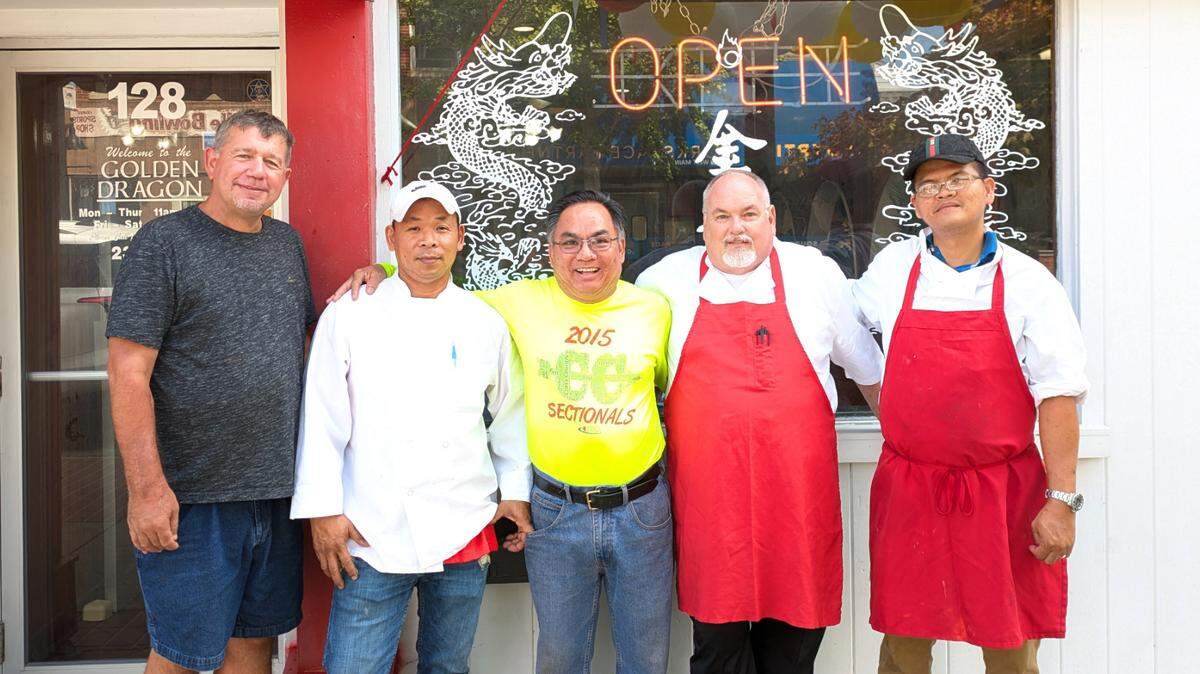 The crew at downtown Belleville’s Golden Dragon. Pictured left to right: Greg Touchette, co-owner Han Bui, former owner Truc Truong, Tom Ball, and co-owner and original chef Dat Nguyen