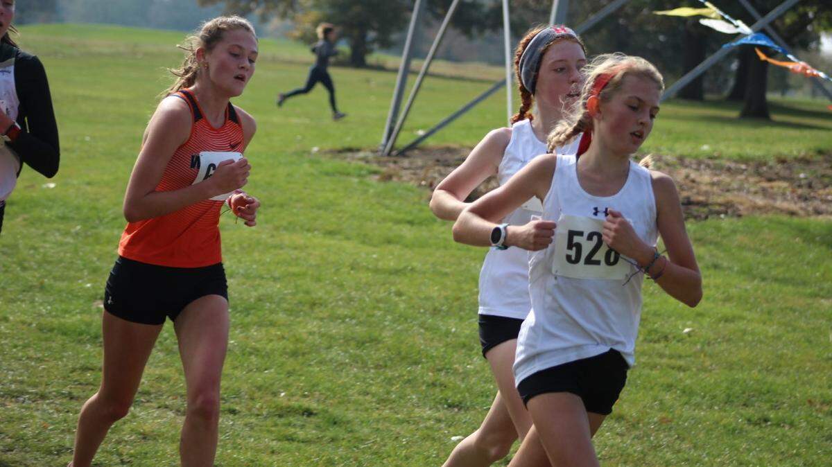 Grace Meyer (left, front) and Jessica Borror (right, rear) run for position in the Class 2A Girls cross country sectional meet ay Hickory Ridge Golf course in Forsyth Saturday.