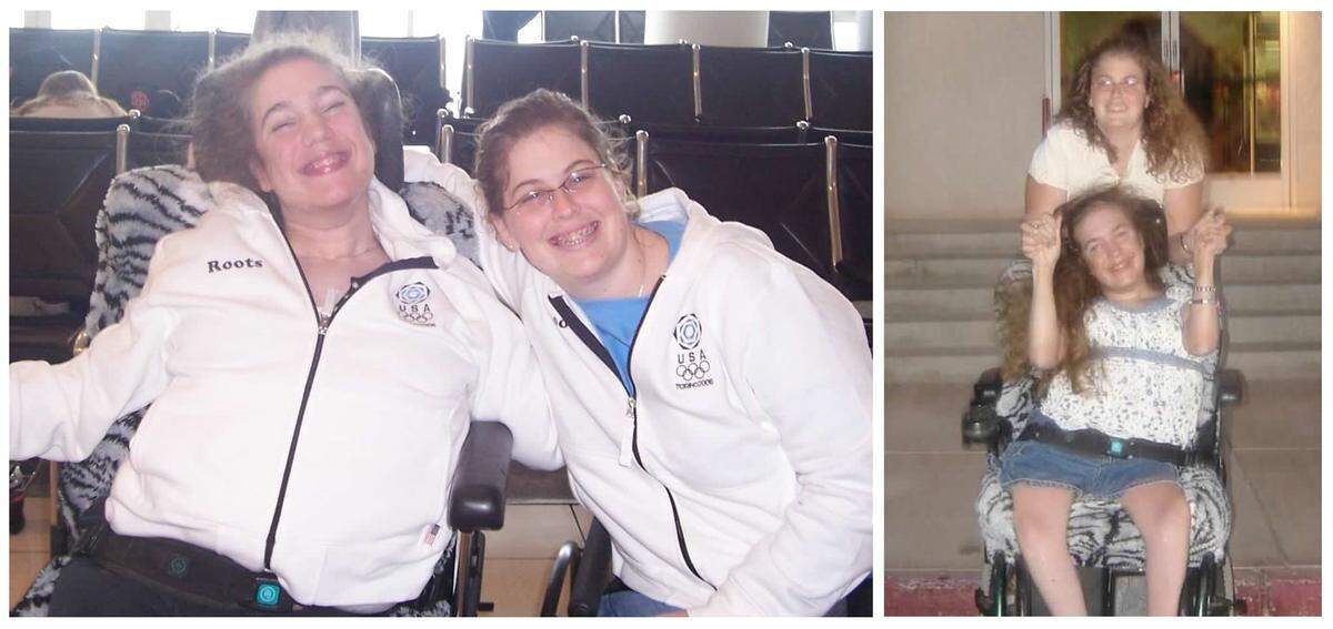 Erin Johnson, in wheelchair, and Sarah Delashmit are shown in February and June of 2006, when Delashmit visited Johnson in California.