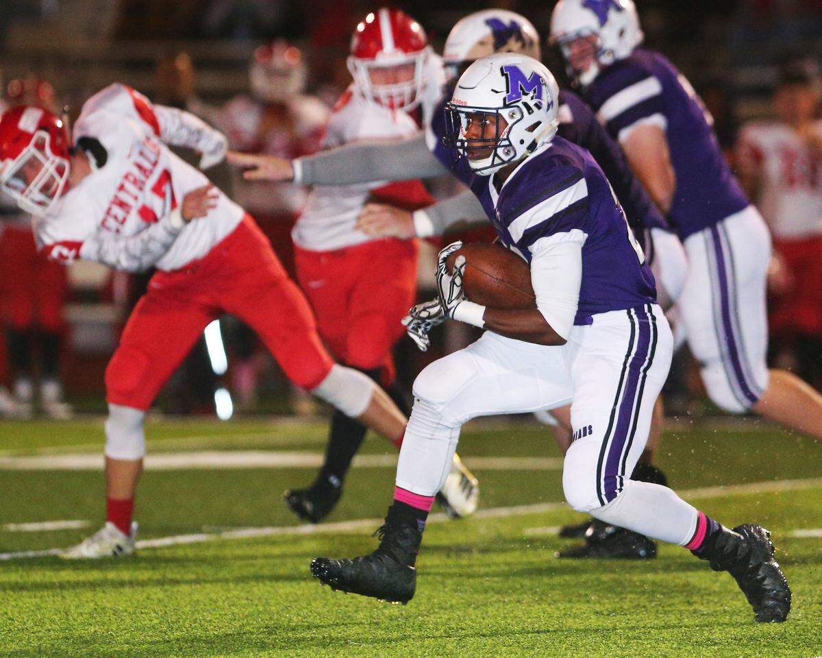 Mascoutah’s Devin Wills carries the ball during a game against Centralia last year. The Indians opened the season with a tough 28-7 loss to highly-ranked Columbiai on Saturday.