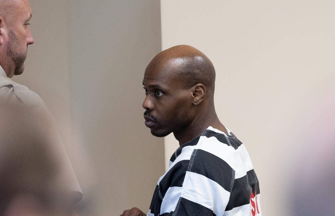 Gary D. Johnson, who was found guilty of the first-degree murder of Portia Rowland, leaves the Madison County Criminal Justice Center after being sentenced to life in prison on April 23, 2026.