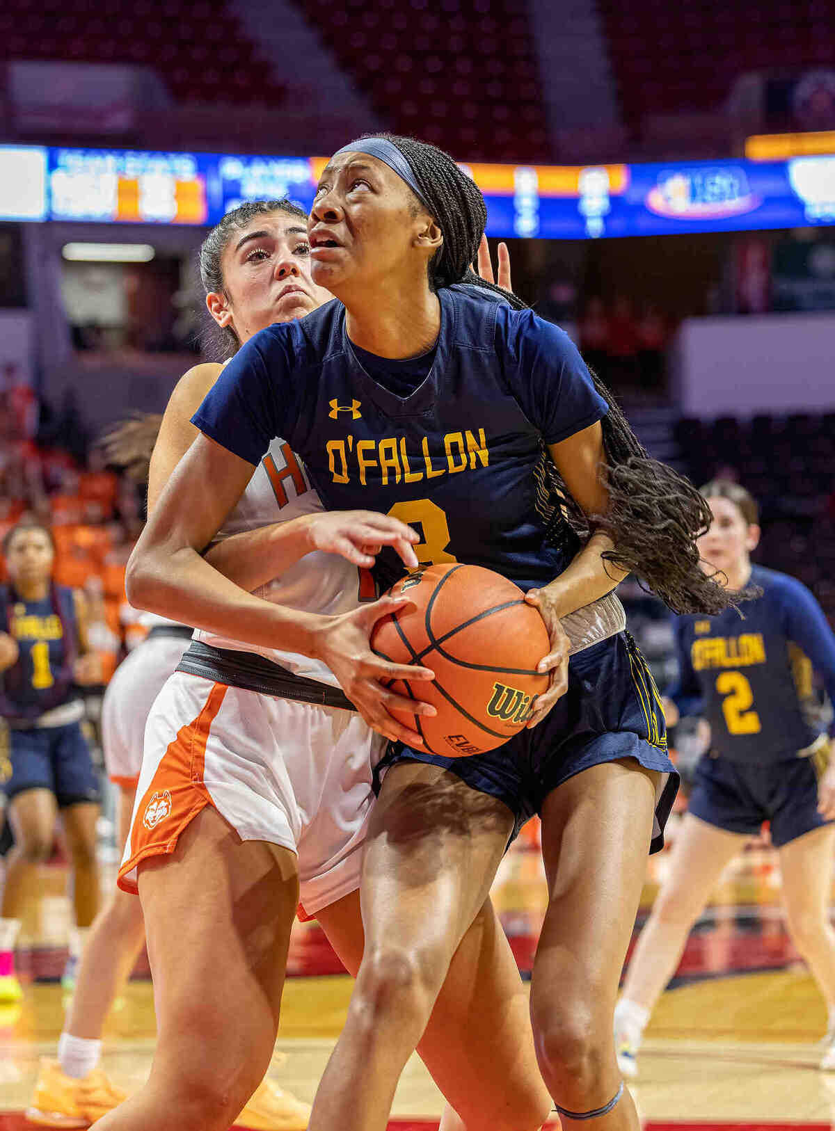 O’Fallon’s D’Myjah Bolds grabs the rebound during Friday’s IHSA Class 4A state semifinals game against Hersey. The Panthers ultimately prevailed 77-60 to advance to the state title game.