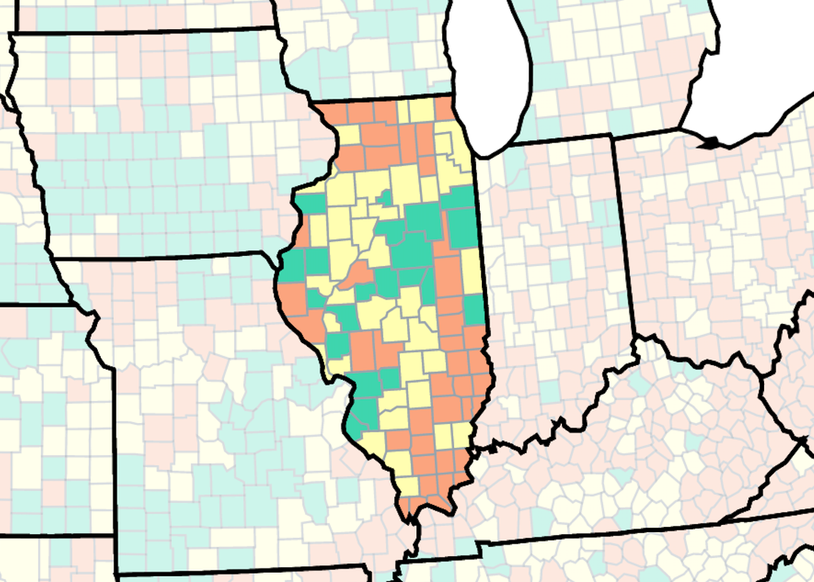 This map of the Illinois from the U.S. Centers for Disease Control and Prevention shows COVID-19 community levels in the state as of Aug. 19, 2022. Orange counties are at high, yellow at medium and green at low.