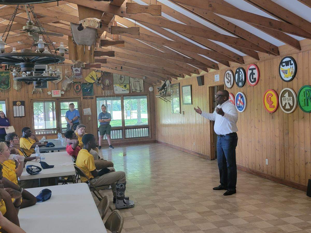 Sen. Chris Belt speaks to cadets at the Boy Scout Retreat during the Team Illinois Youth Police Camp. This year’s camp will take place Sunday, July 16, through Saturday, July 22, at Principia College in Elsah, Illinois.