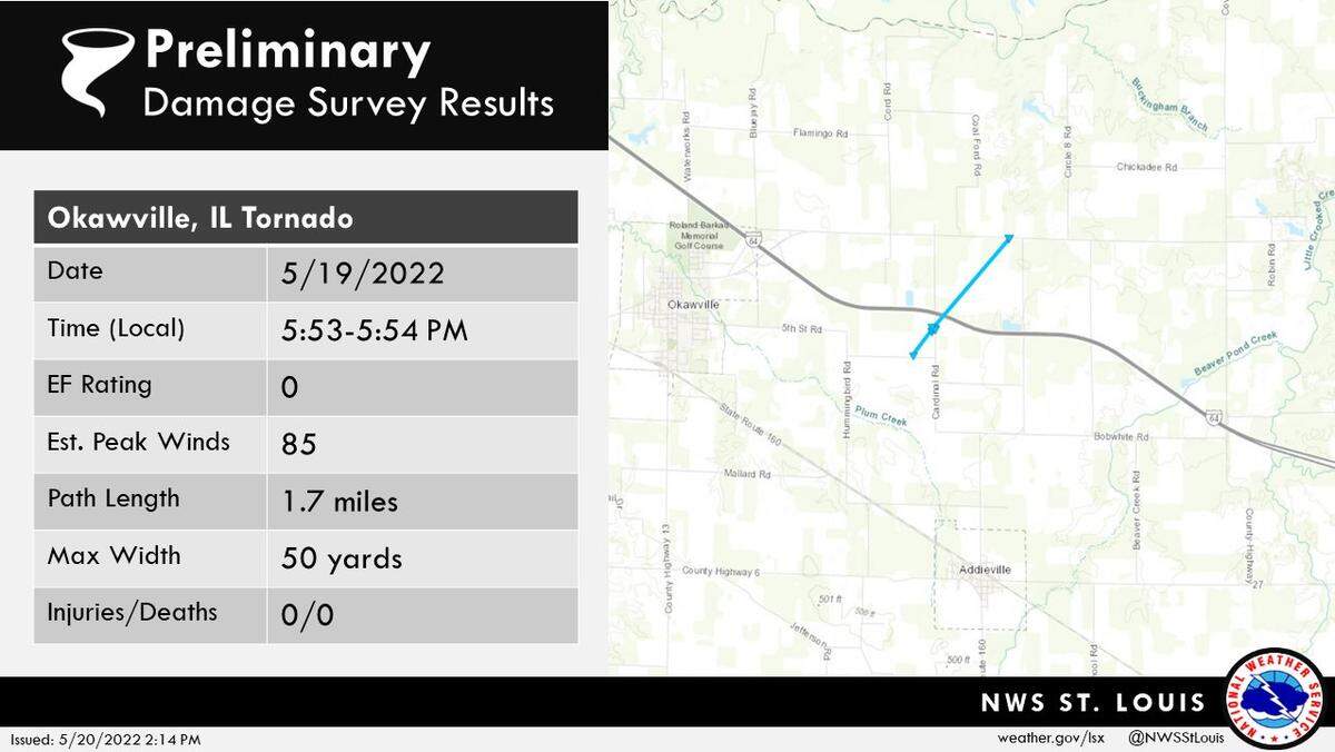 An EF0 tornado touched down for one minute near Okawville Thursday evening.
