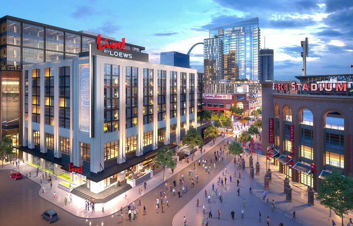 This computer-generated rendering shows the Live! by Loews luxury hotel that is being built at the corner of Eighth Street and Clark Avenue in downtown St. Louis as part of Ballpark Village.