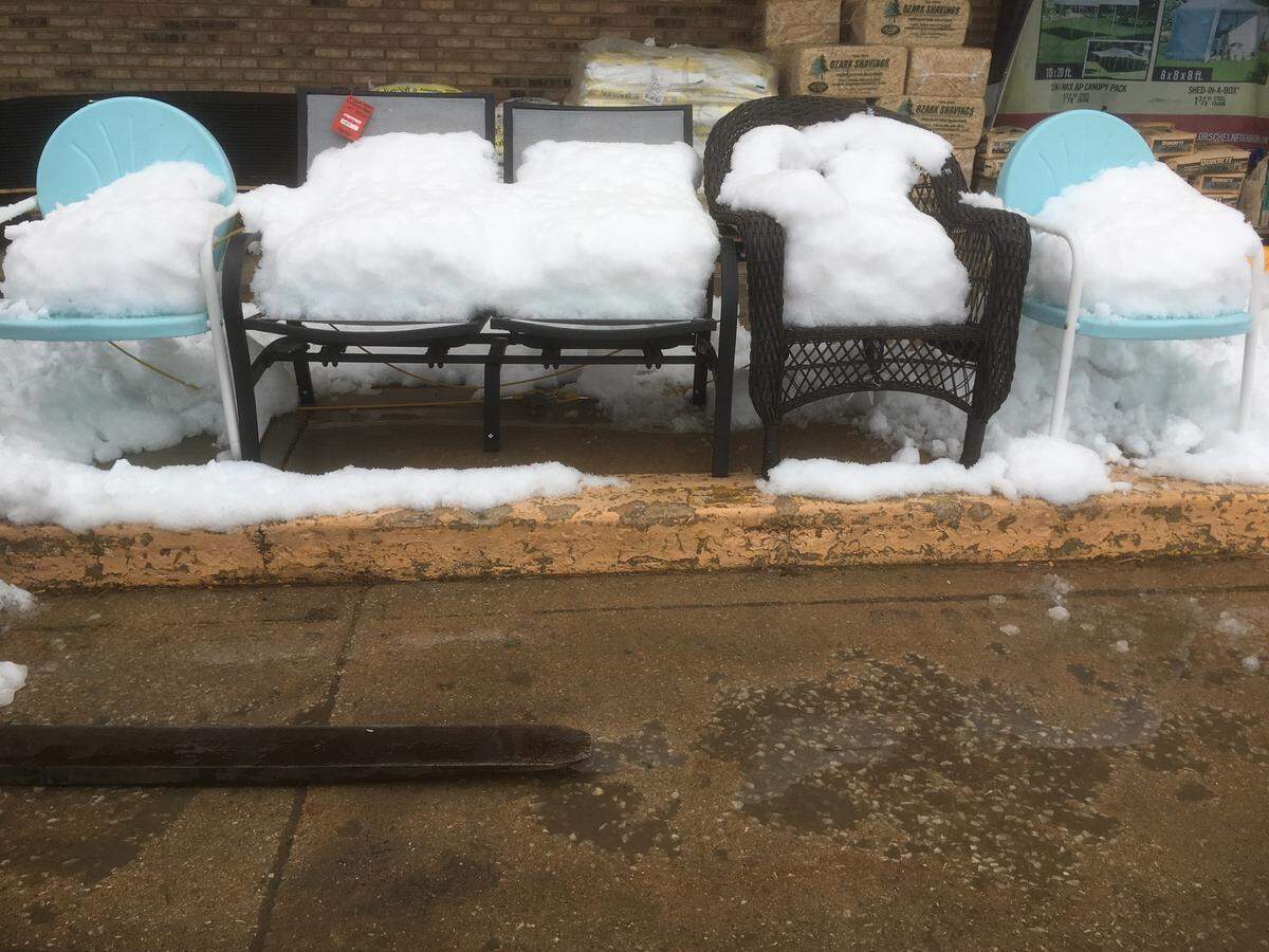 Even after several days, the snow on outside patio furnature was a foot thick in central Missouri.