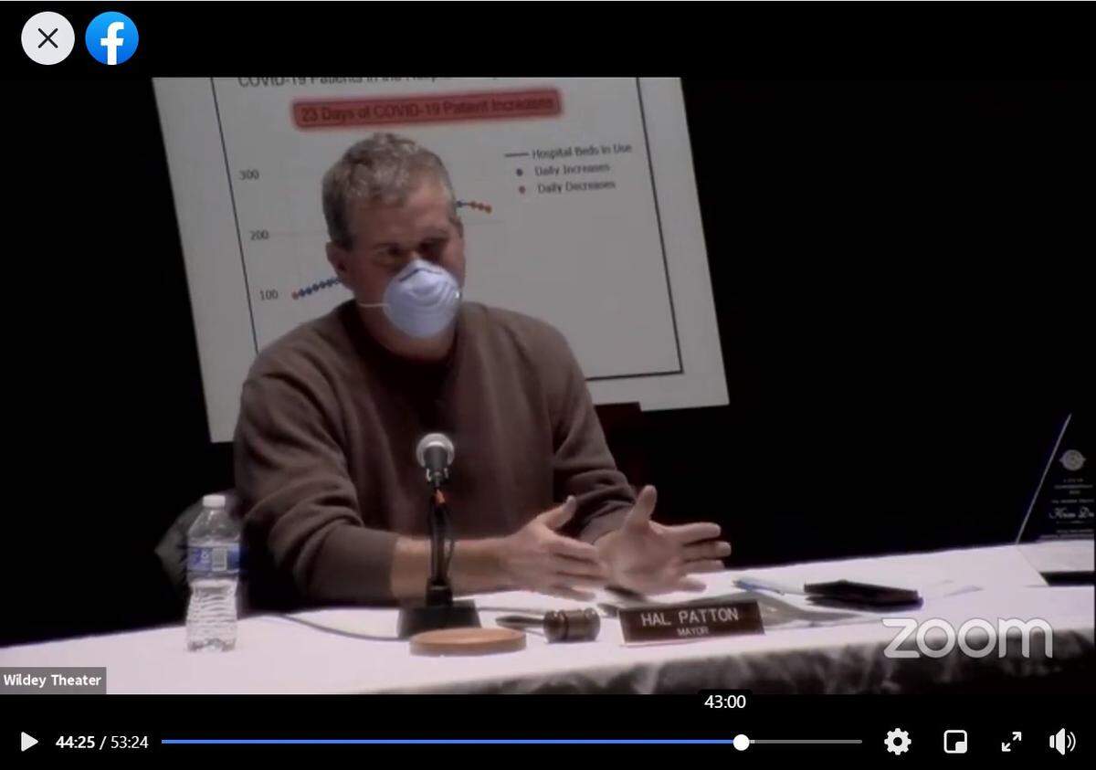 Mayor Hal Patton spoke from the stage of the Wildey Theatre on Tuesday night before Edwardsville City Council passed an ordinance requiring people to wear face coverings.